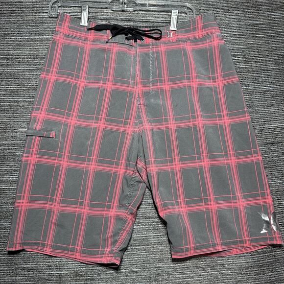 Hurley Board Shorts Men's Size 32 Gray Plaid Phantom Stretch - Picture 1 of 14